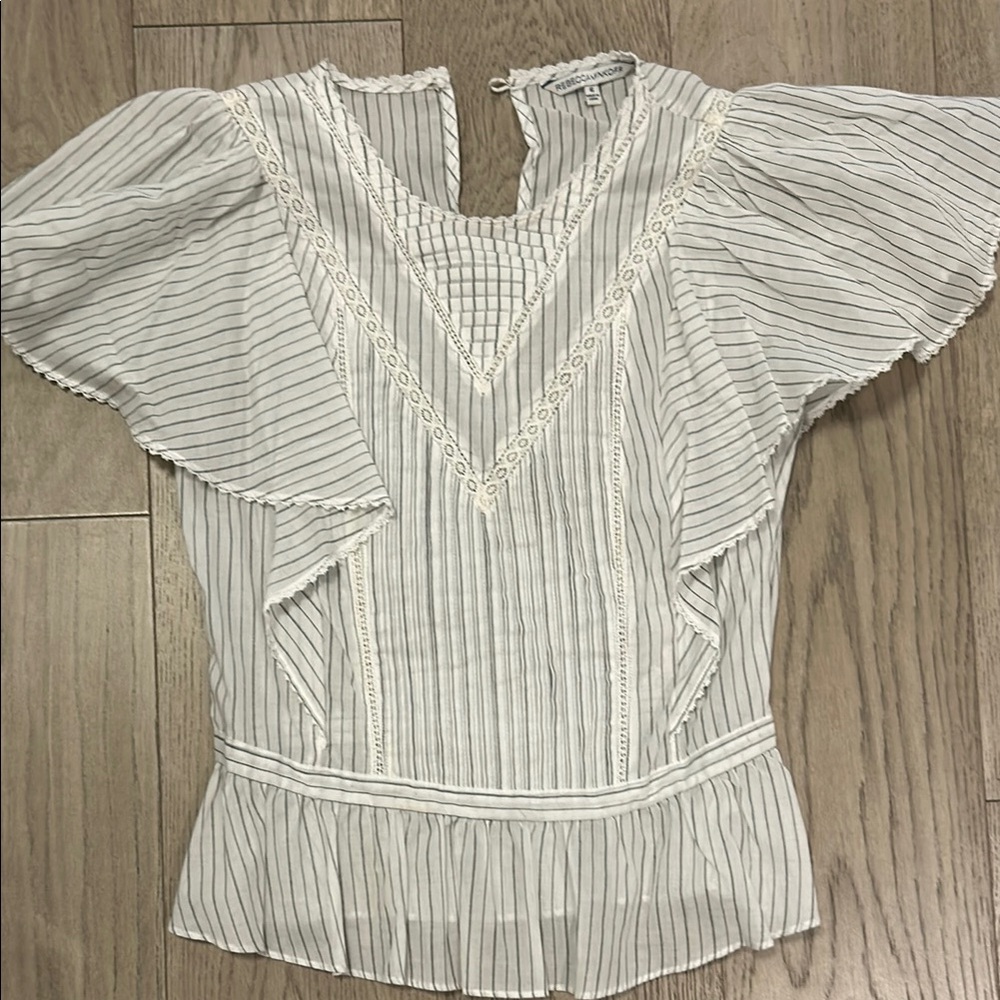 Rebecca Minkoff White Puff Sleeve Blouse with Bib Collar and Ruffled Style